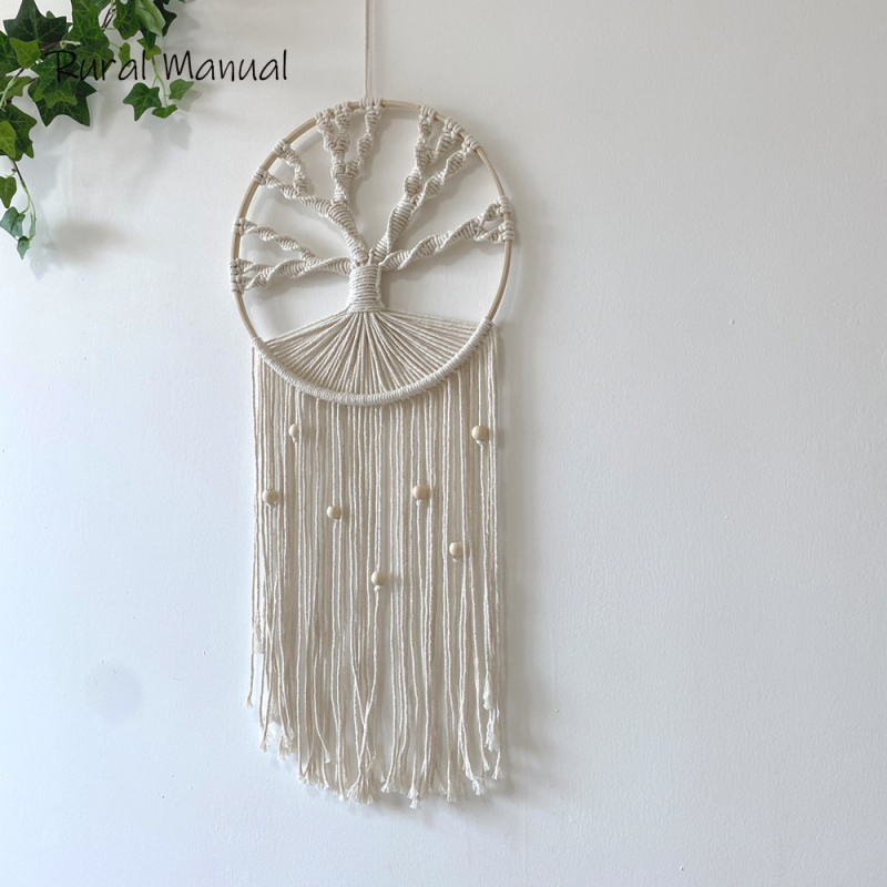 Ръчно тъкан гобелен ловец на сънища от памучно въже, кръгла форма, Дърво на живота, бохемски нордически домашен декор