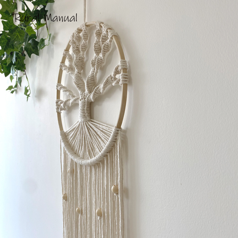 Ръчно тъкан гобелен ловец на сънища от памучно въже, кръгла форма, Дърво на живота, бохемски нордически домашен декор