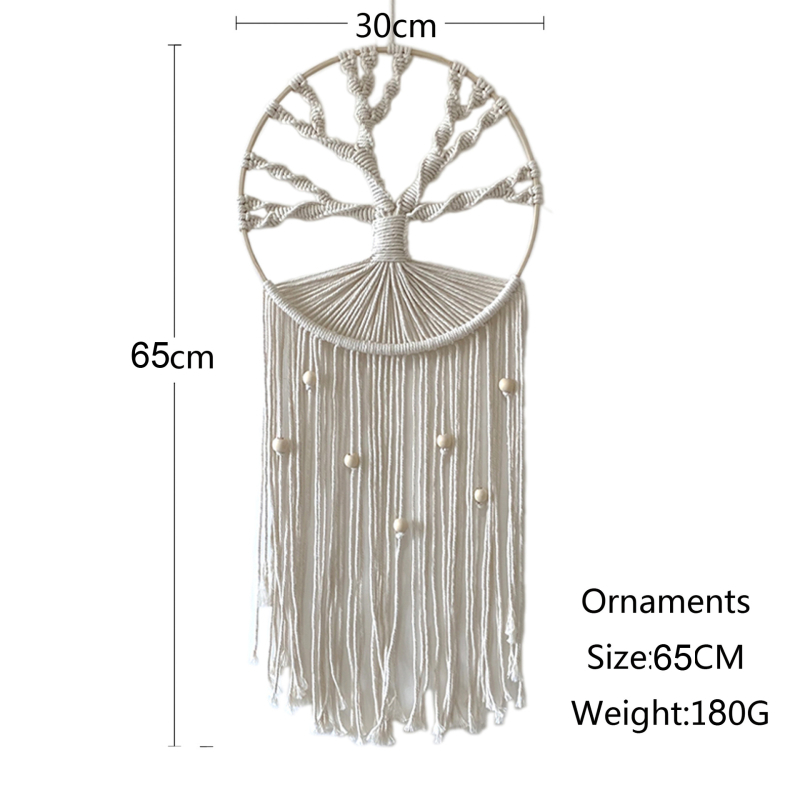 Ръчно тъкан гобелен ловец на сънища от памучно въже, кръгла форма, Дърво на живота, бохемски нордически домашен декор