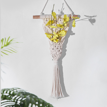 Tapiserie Nordică, țesut manual cu flori uscate — decor de perete din sfoară de bumbac