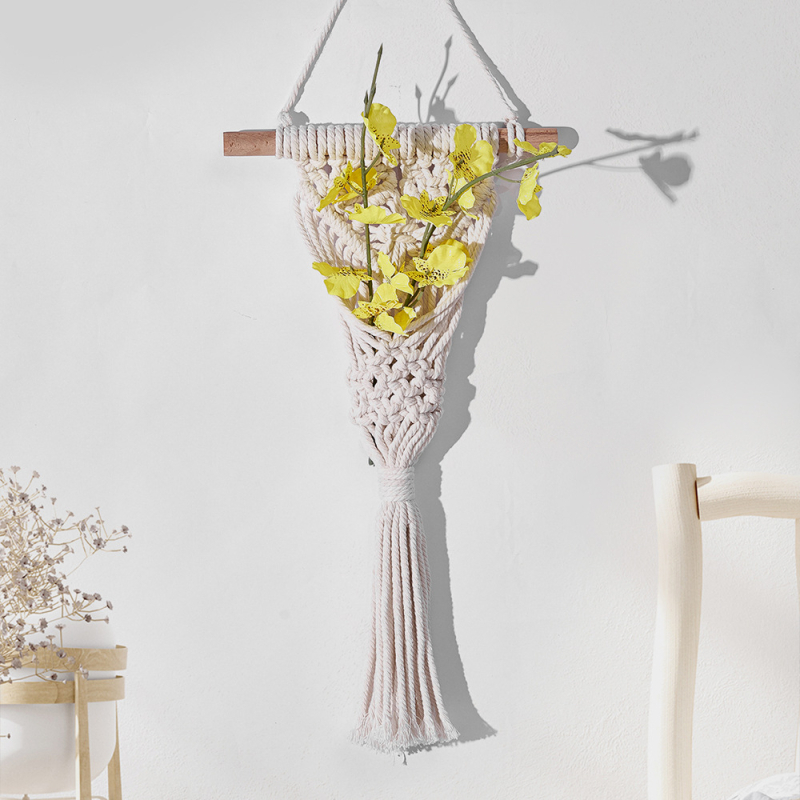 Tapiserie Nordică, țesut manual cu flori uscate — decor de perete din sfoară de bumbac