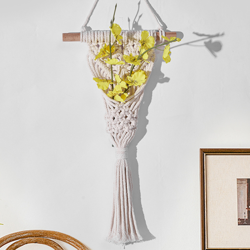 Tapiserie Nordică, țesut manual cu flori uscate — decor de perete din sfoară de bumbac