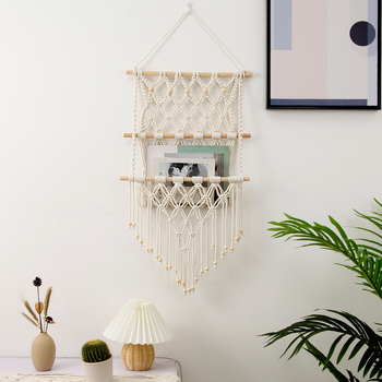 Ръчно тъкан гоблен от памучно въже със пискюли и поставка за книги и списания, стенен декоративен аксесоар с каре модел, подходящ за дневна, спалня и кабинет