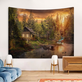 Гоблен за стена в скандинавски стил със гора и къща близо до мост (полиестер; машинно тъкане; правоъгълна форма; пейзаж; подходящ за хол и спалня)