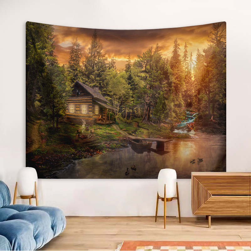 Гоблен за стена в скандинавски стил със гора и къща близо до мост (полиестер; машинно тъкане; правоъгълна форма; пейзаж; подходящ за хол и спалня)