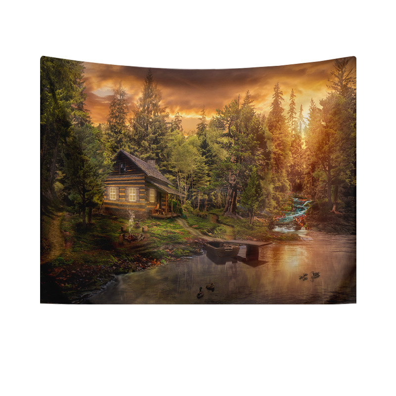 Гоблен за стена в скандинавски стил със гора и къща близо до мост (полиестер; машинно тъкане; правоъгълна форма; пейзаж; подходящ за хол и спалня)