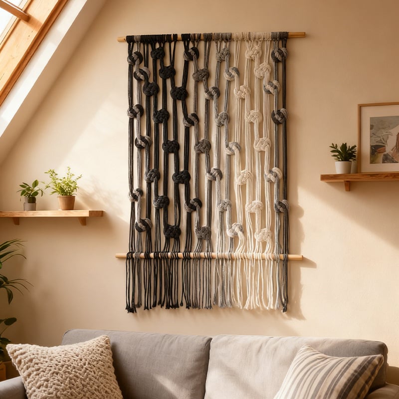 Гоблен: памук, ръчно тъкане, геометричен абстрактен дизайн, правоъгълна форма, ръчно пране