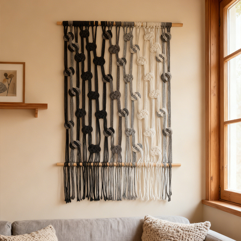 Гоблен: памук, ръчно тъкане, геометричен абстрактен дизайн, правоъгълна форма, ръчно пране