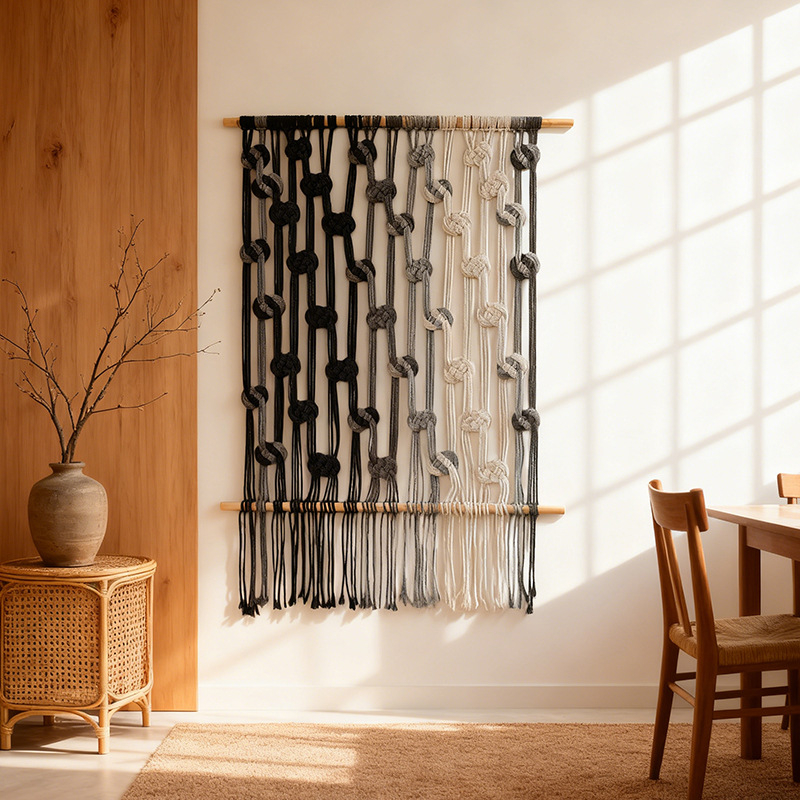 Гоблен: памук, ръчно тъкане, геометричен абстрактен дизайн, правоъгълна форма, ръчно пране