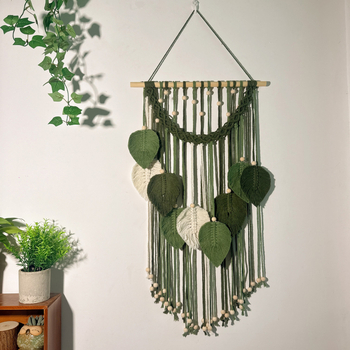 Гоблен за стената, памук с полиестрова примес, ръчно тъкан, Nordic стил, правоъгълен, орнамент с листа, подходящ за дневна, спалня и кабинет