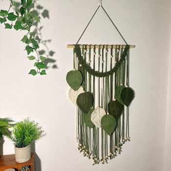 Гоблен за стената, памук с полиестрова примес, ръчно тъкан, Nordic стил, правоъгълен, орнамент с листа, подходящ за дневна, спалня и кабинет