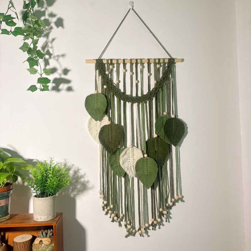 Гоблен за стената, памук с полиестрова примес, ръчно тъкан, Nordic стил, правоъгълен, орнамент с листа, подходящ за дневна, спалня и кабинет