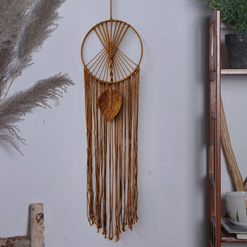 Памучен гоблен, ръчно изработен, скандинавски стил, кръгла форма, мотив листа — стенна украса