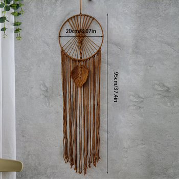 Памучен гоблен, ръчно изработен, скандинавски стил, кръгла форма, мотив листа — стенна украса