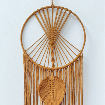 Памучен гоблен, ръчно изработен, скандинавски стил, кръгла форма, мотив листа — стенна украса