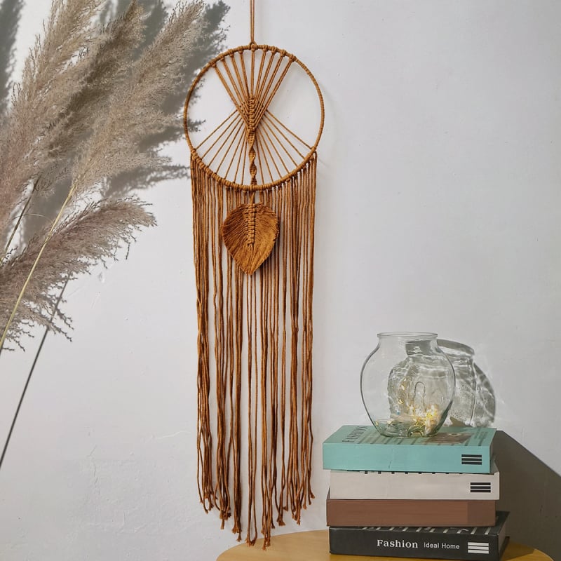 Памучен гоблен, ръчно изработен, скандинавски стил, кръгла форма, мотив листа — стенна украса