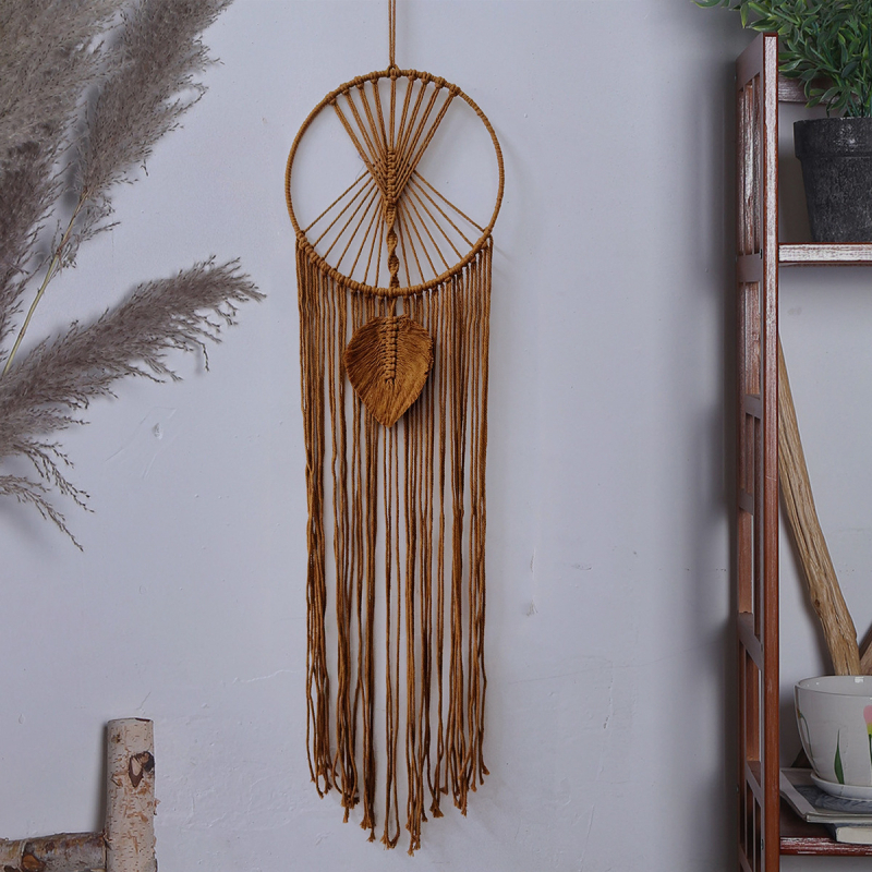 Памучен гоблен, ръчно изработен, скандинавски стил, кръгла форма, мотив листа — стенна украса