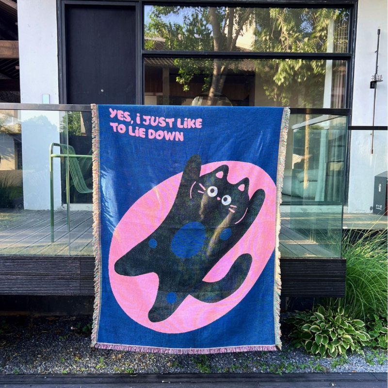 Гоблен-плед с карикатурна котка, 100% полиестер, машинно тъкане, правоъгълна форма, за всекидневна