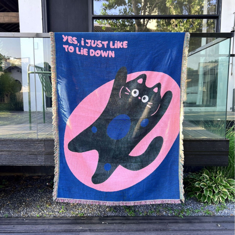 Гоблен-плед с карикатурна котка, 100% полиестер, машинно тъкане, правоъгълна форма, за всекидневна