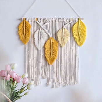 Ръчно тъкан гоблен с ресни и листа, скандинавски стил, памучен шнур, правоъгълен, за дневна и спалня