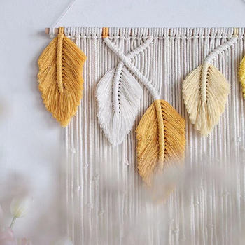 Ръчно тъкан гоблен с ресни и листа, скандинавски стил, памучен шнур, правоъгълен, за дневна и спалня