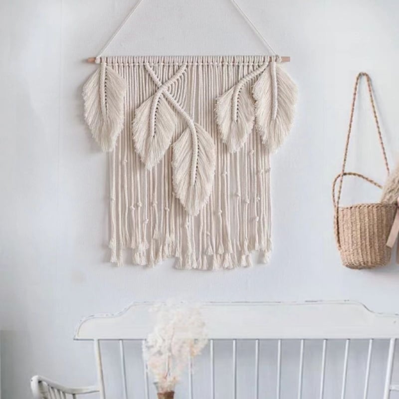 Ръчно тъкан гоблен с ресни и листа, скандинавски стил, памучен шнур, правоъгълен, за дневна и спалня