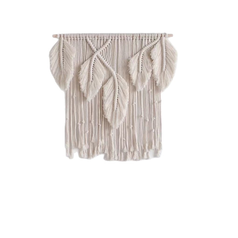 Ръчно тъкан гоблен с ресни и листа, скандинавски стил, памучен шнур, правоъгълен, за дневна и спалня