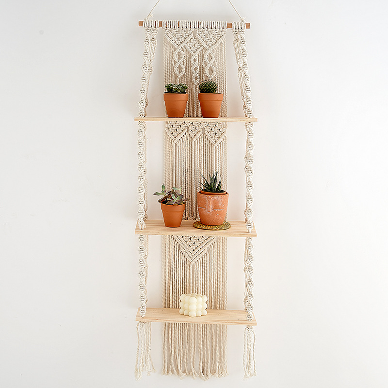 Бохемска ръчно тъкана гоблена със стелаж за съхранение — памук, правоъгълна форма, каре модел, пране на ръка