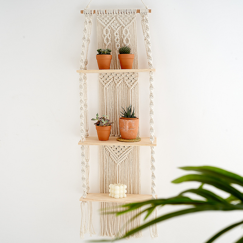 Бохемска ръчно тъкана гоблена със стелаж за съхранение — памук, правоъгълна форма, каре модел, пране на ръка