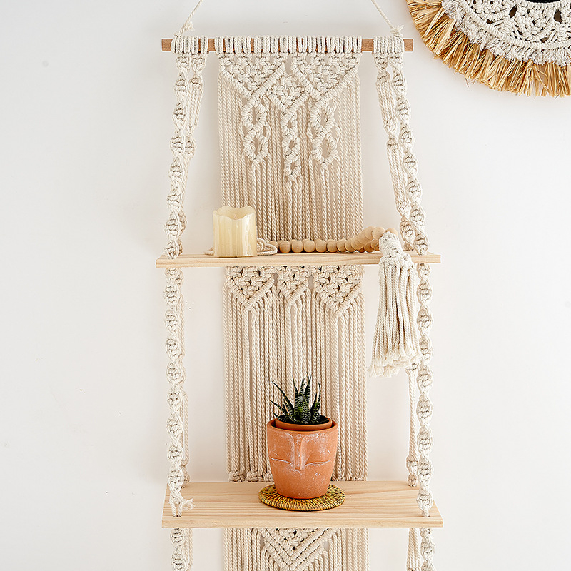 Бохемска ръчно тъкана гоблена със стелаж за съхранение — памук, правоъгълна форма, каре модел, пране на ръка