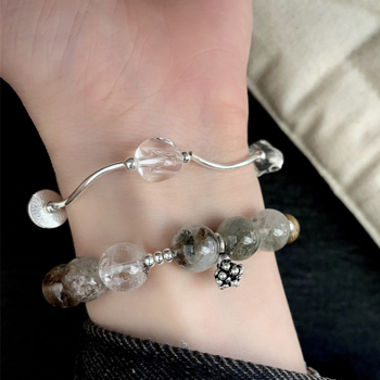 Brățară din argint S925 cu cuarț phantom, agarwood și motiv stamen, plus brățară cu tub curbat din cristal K9 austriac