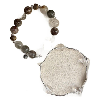 Brățară din argint S925 cu cuarț phantom, agarwood și motiv stamen, plus brățară cu tub curbat din cristal K9 austriac