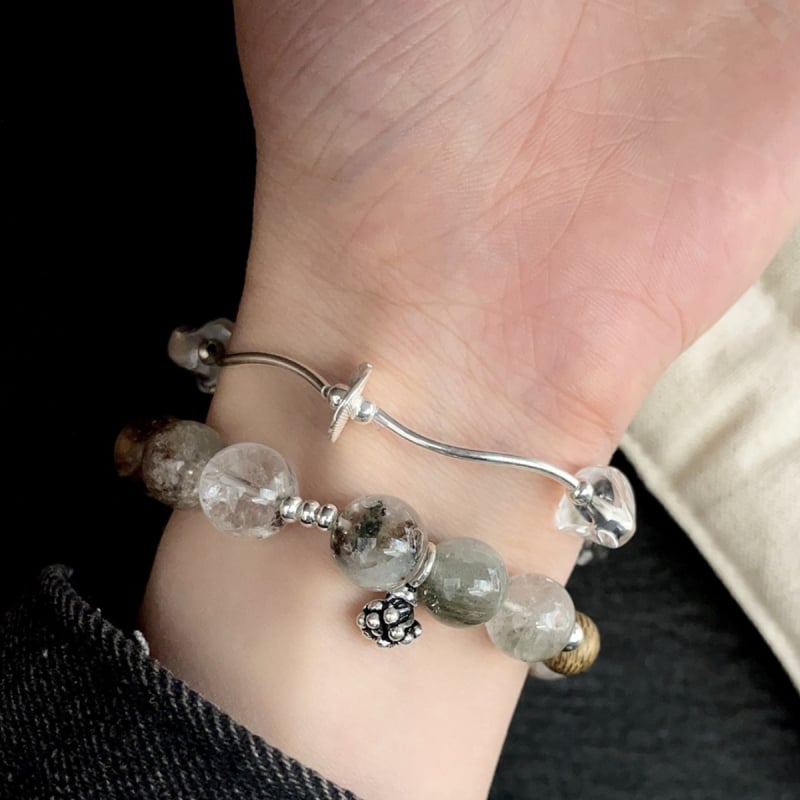Brățară din argint S925 cu cuarț phantom, agarwood și motiv stamen, plus brățară cu tub curbat din cristal K9 austriac
