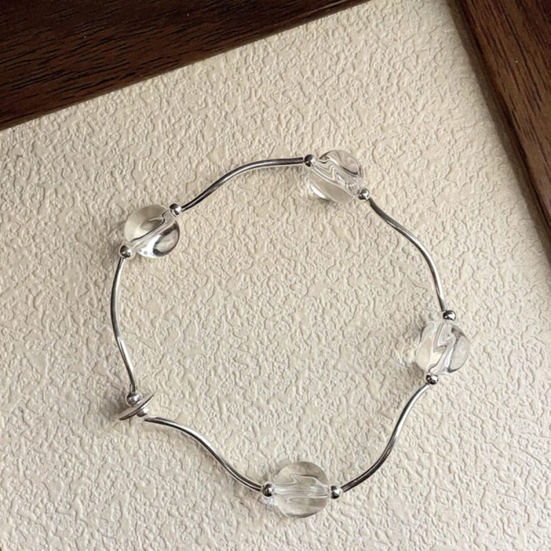 Brățară din argint S925 cu cuarț phantom, agarwood și motiv stamen, plus brățară cu tub curbat din cristal K9 austriac