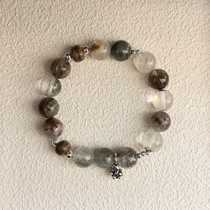 Brățară din argint S925 cu cuarț phantom, agarwood și motiv stamen, plus brățară cu tub curbat din cristal K9 austriac