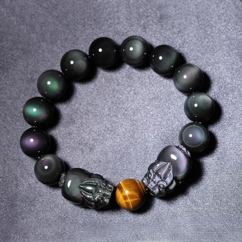 Brățară din obsidian lustruit cu Pixiu dublu, mărgele Buddha, unisex