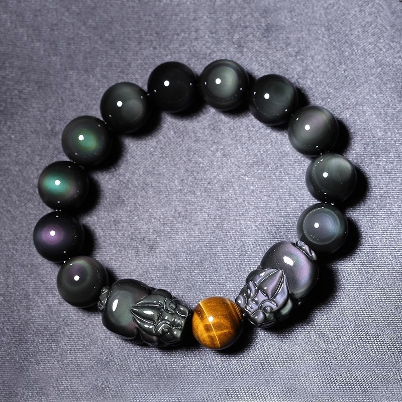 Brățară din obsidian lustruit cu Pixiu dublu, mărgele Buddha, unisex