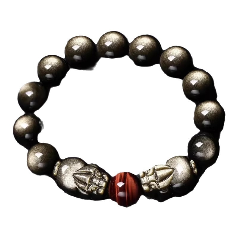 Brățară din obsidian lustruit cu Pixiu dublu, mărgele Buddha, unisex