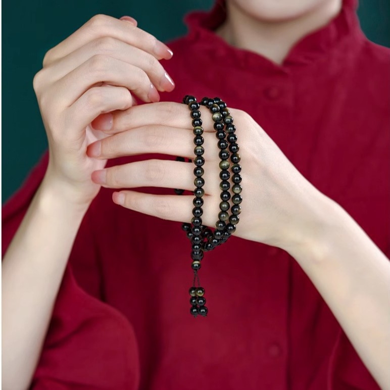 Narukvica s perlama od obsidijana s geometrijskim dizajnom – polirani završetak, unisex stil, kineski stil, književno retro, izdanje jeseni 2024