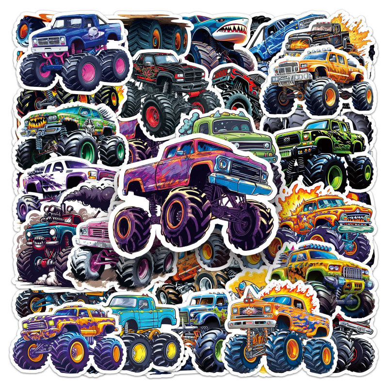 Naljepnice Monster Truck – 50 dizajna, vodootporne dekorativne naljepnice za telefon, prtljagu i termosicu, crtani stil, serija Car series, marka Ten thousand codes, offset tisak