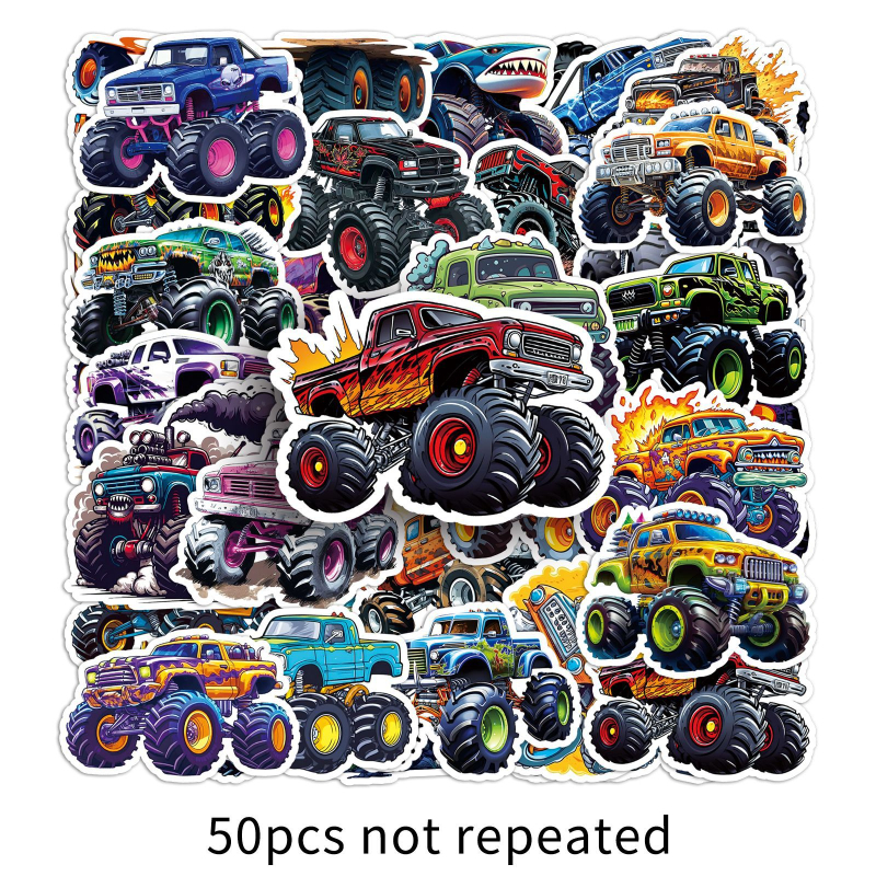 Set de autocolante Monster Truck – 50 de modele, autocolante impermeabile decorative pentru telefon, bagaj și termos, stil desen animat, seria Car series, brand Ten thousand codes, imprimare offset