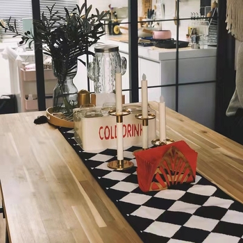 Покривка за маса с ресни, памучна каре шарка, модерен стил