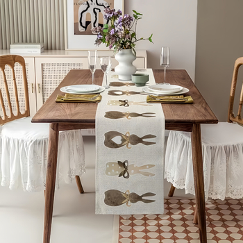 Ленова декоративна покривка за маса с Великденски зайче, Нордичен стил, персонализирана обработка, за дневна и трапезария