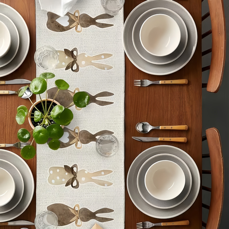 Ленова декоративна покривка за маса с Великденски зайче, Нордичен стил, персонализирана обработка, за дневна и трапезария