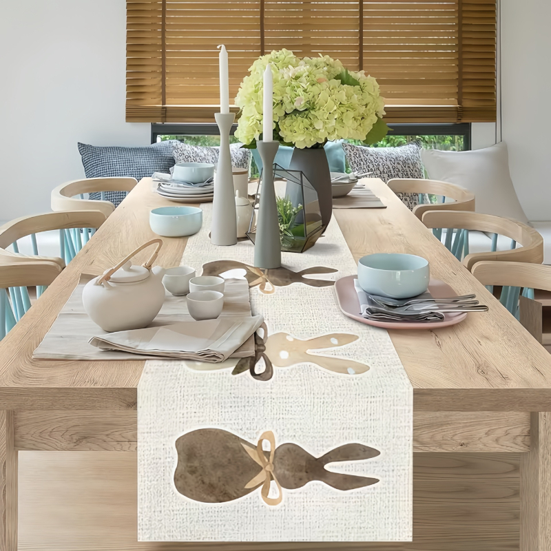 Ленова декоративна покривка за маса с Великденски зайче, Нордичен стил, персонализирана обработка, за дневна и трапезария
