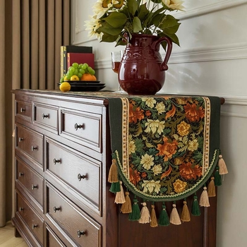 Покривка за маса с ресни в американски ретро стил за дълга маса и страничен шкаф, прахозащитна подложка, 100% полиестер, флорален мотив