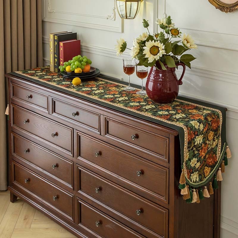 Покривка за маса с ресни в американски ретро стил за дълга маса и страничен шкаф, прахозащитна подложка, 100% полиестер, флорален мотив