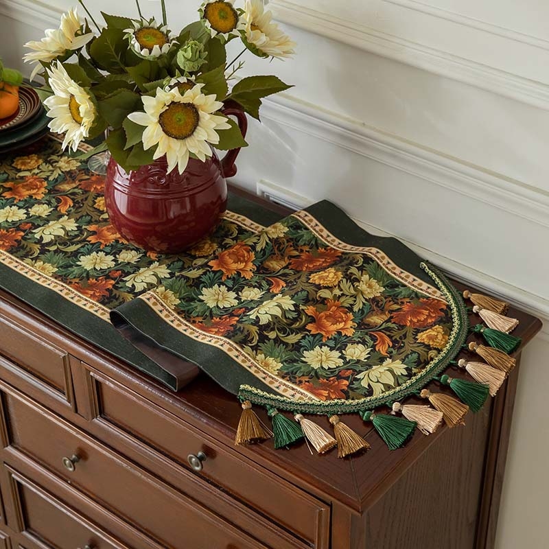 Покривка за маса с ресни в американски ретро стил за дълга маса и страничен шкаф, прахозащитна подложка, 100% полиестер, флорален мотив