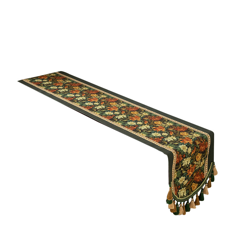 Покривка за маса с ресни в американски ретро стил за дълга маса и страничен шкаф, прахозащитна подложка, 100% полиестер, флорален мотив