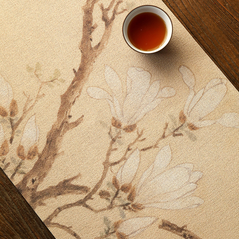 Двустранна ленена чайна подложка с геометричен принт за маса за чайна церемония, подходяща за дневна, спалня и кабинет